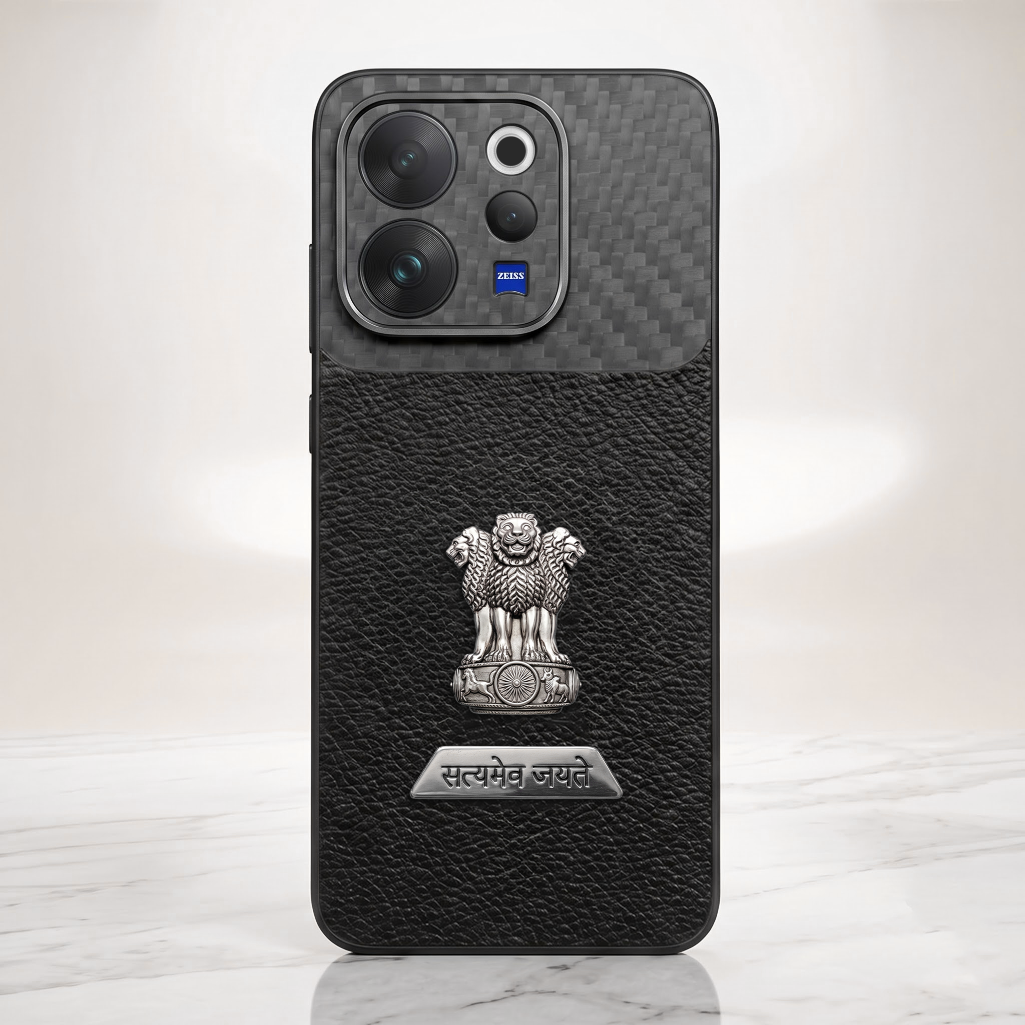 Vivo V70 5G Satyamev Jayate 2-in-1 Emblem Carbon Fiber Leather Phone Case