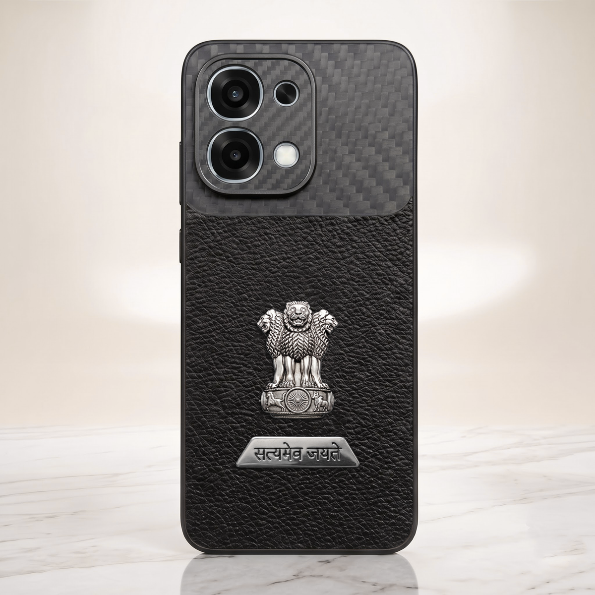 Oppo F31 5G Satyamev Jayate 2-in-1 Emblem Carbon Fiber Leather Phone Case