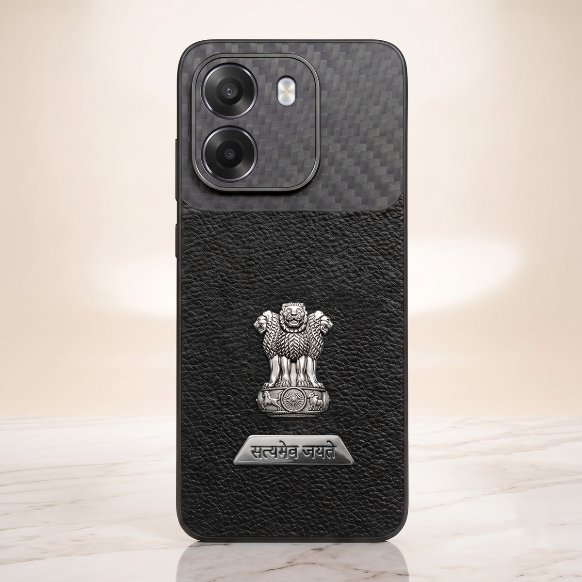 Oppo K14 5G Satyamev Jayate 2-in-1 Emblem Carbon Fiber Leather Phone Case