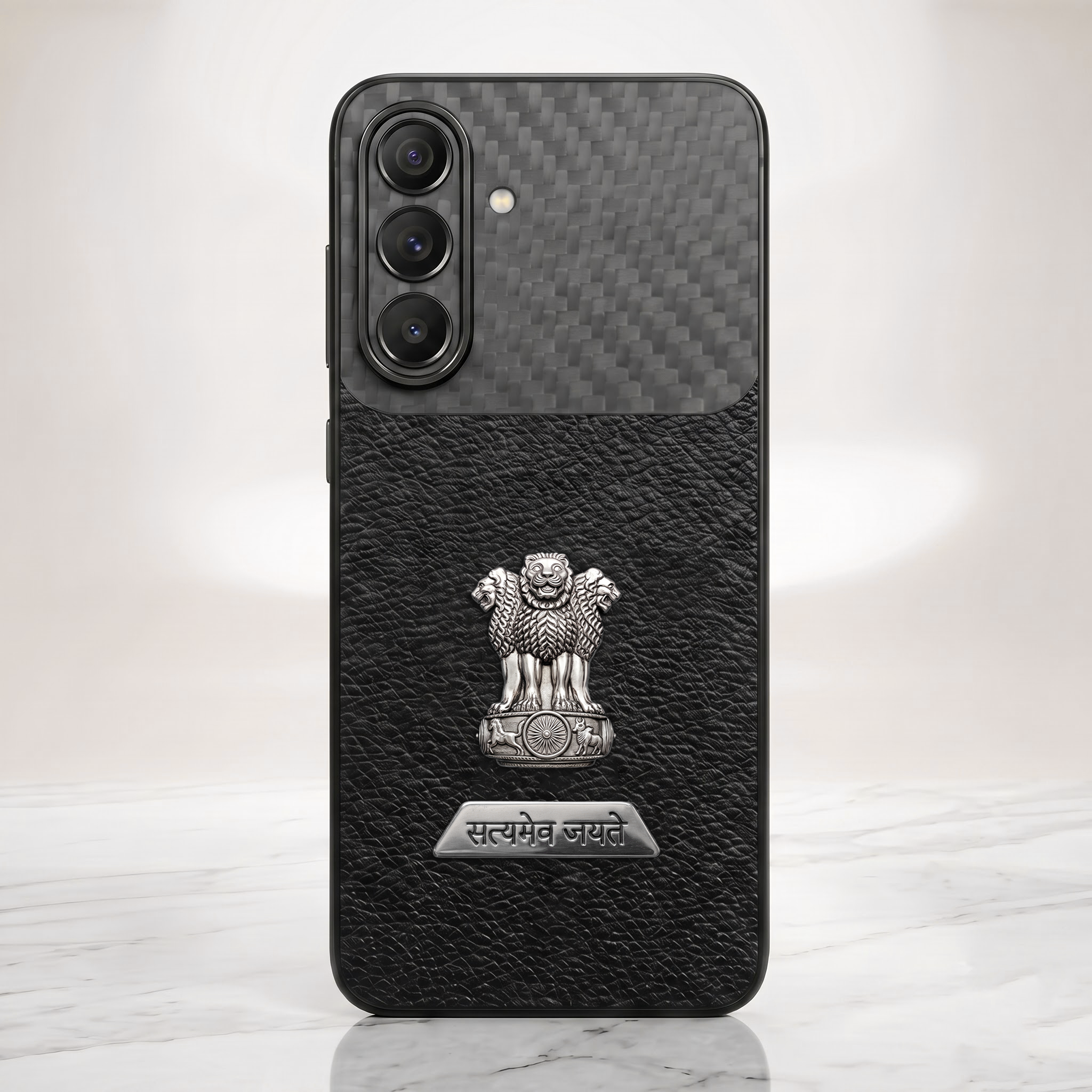 Samsung Galaxy A27 5G Satyamev Jayate 2-in-1 Emblem Carbon Fiber Leather Phone Case