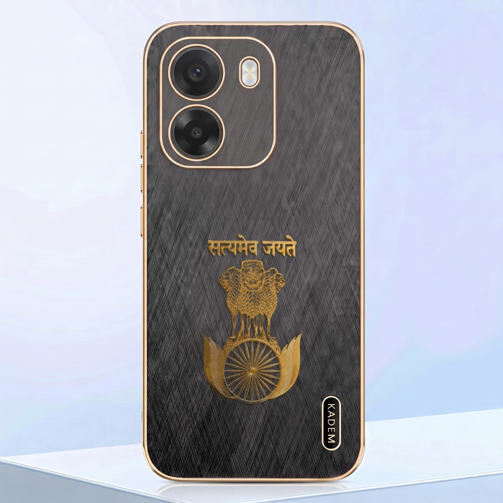 Oppo K14 5G Satyamev Jayate 3D Electroplated Frame Gold Thread Pattern Hard Back Case