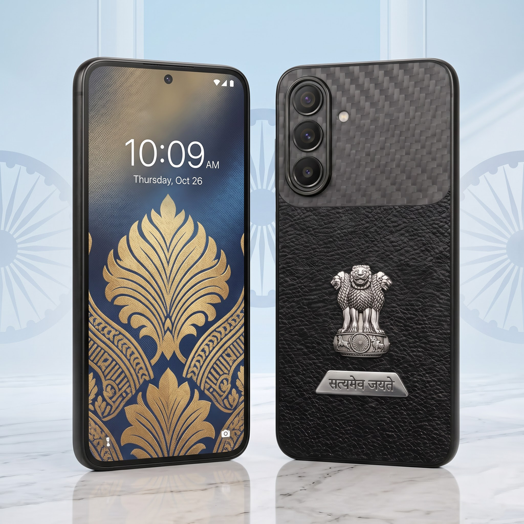 Samsung Galaxy A37 5G Satyamev Jayate 2-in-1 Emblem Carbon Fiber Leather Phone Case