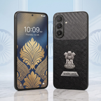 Samsung Galaxy A27 5G Satyamev Jayate 2-in-1 Emblem Carbon Fiber Leather Phone Case