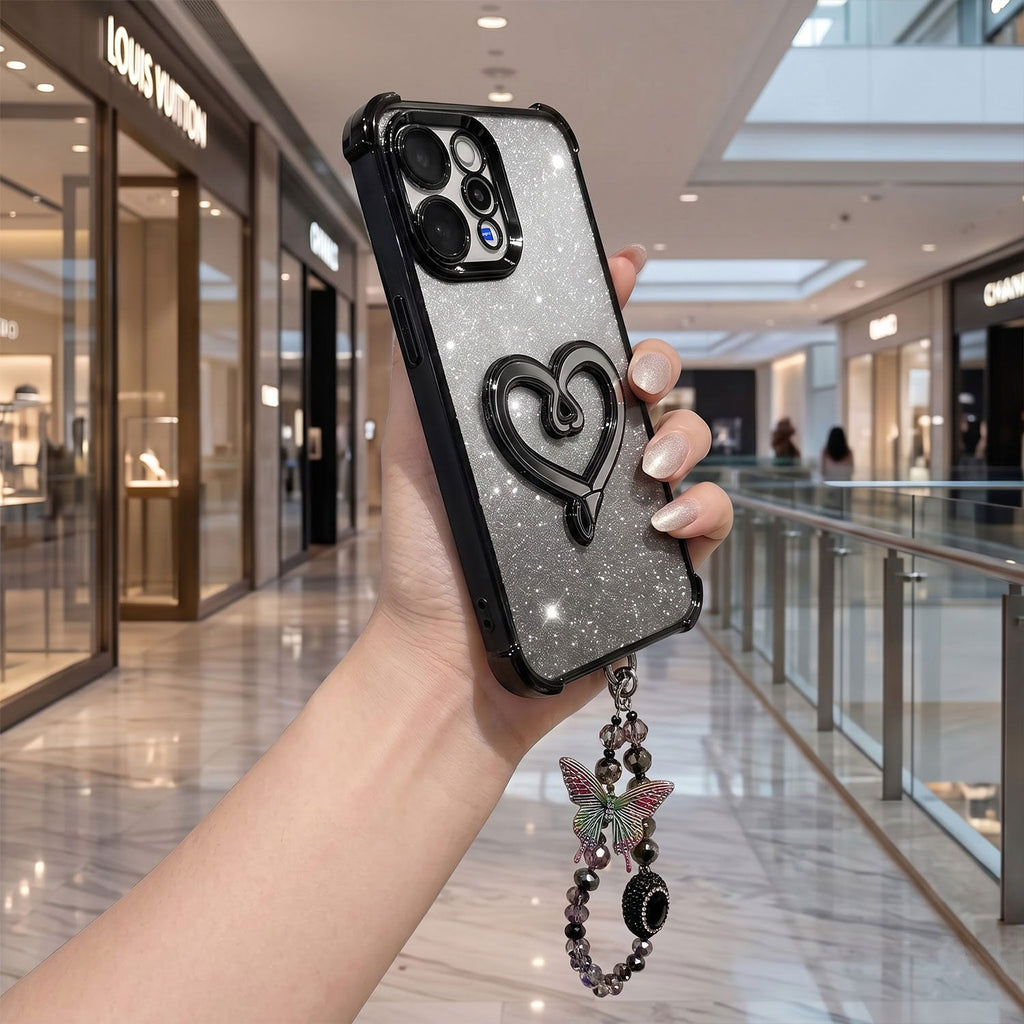 Vivo V70 5G Luxury Shimmer Airbag Heart Stand Case with Charm Strap