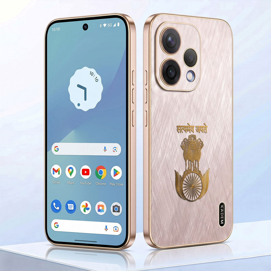 Oppo Reno 15 5G Satyamev Jayate 3D Electroplated Frame Gold Thread Pattern Hard Back Case