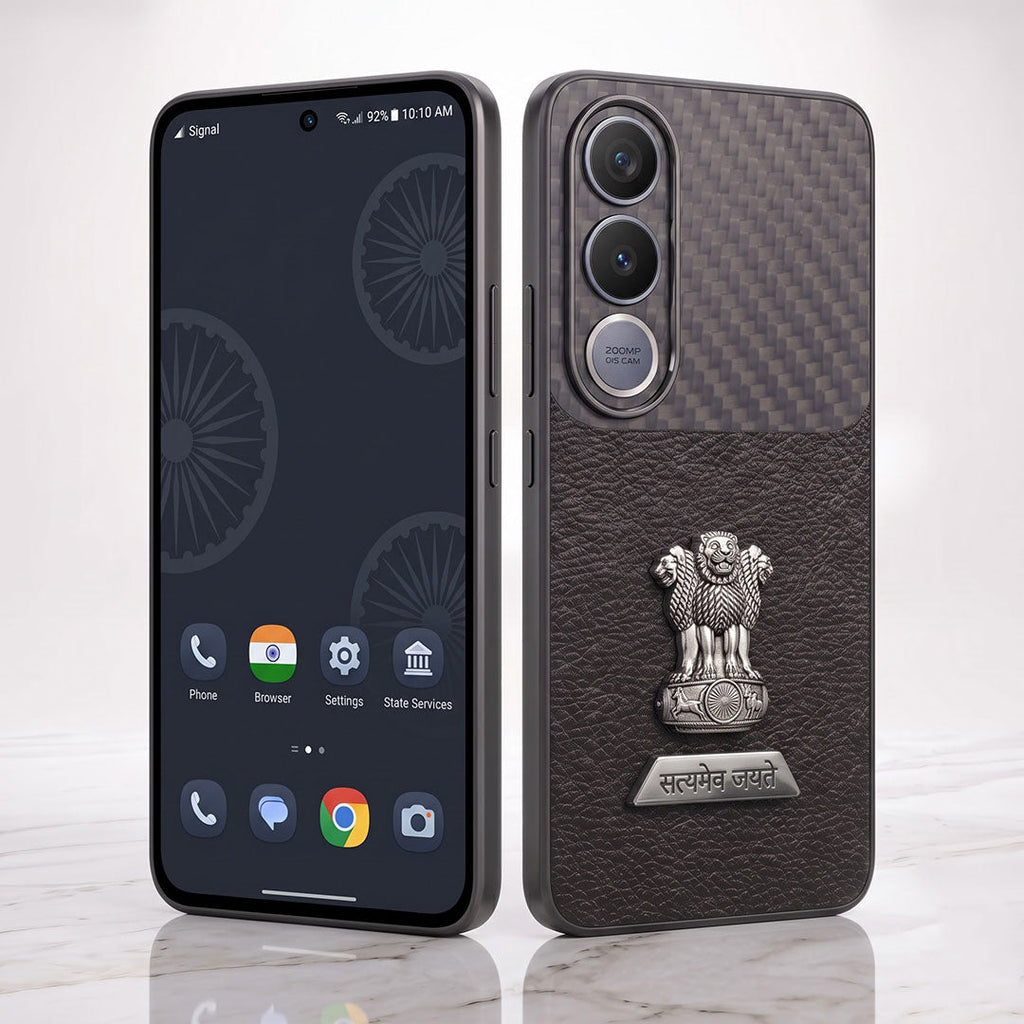 Vivo V70 FE 5G Satyamev Jayate 2-in-1 Emblem Carbon Fiber Leather Phone Case