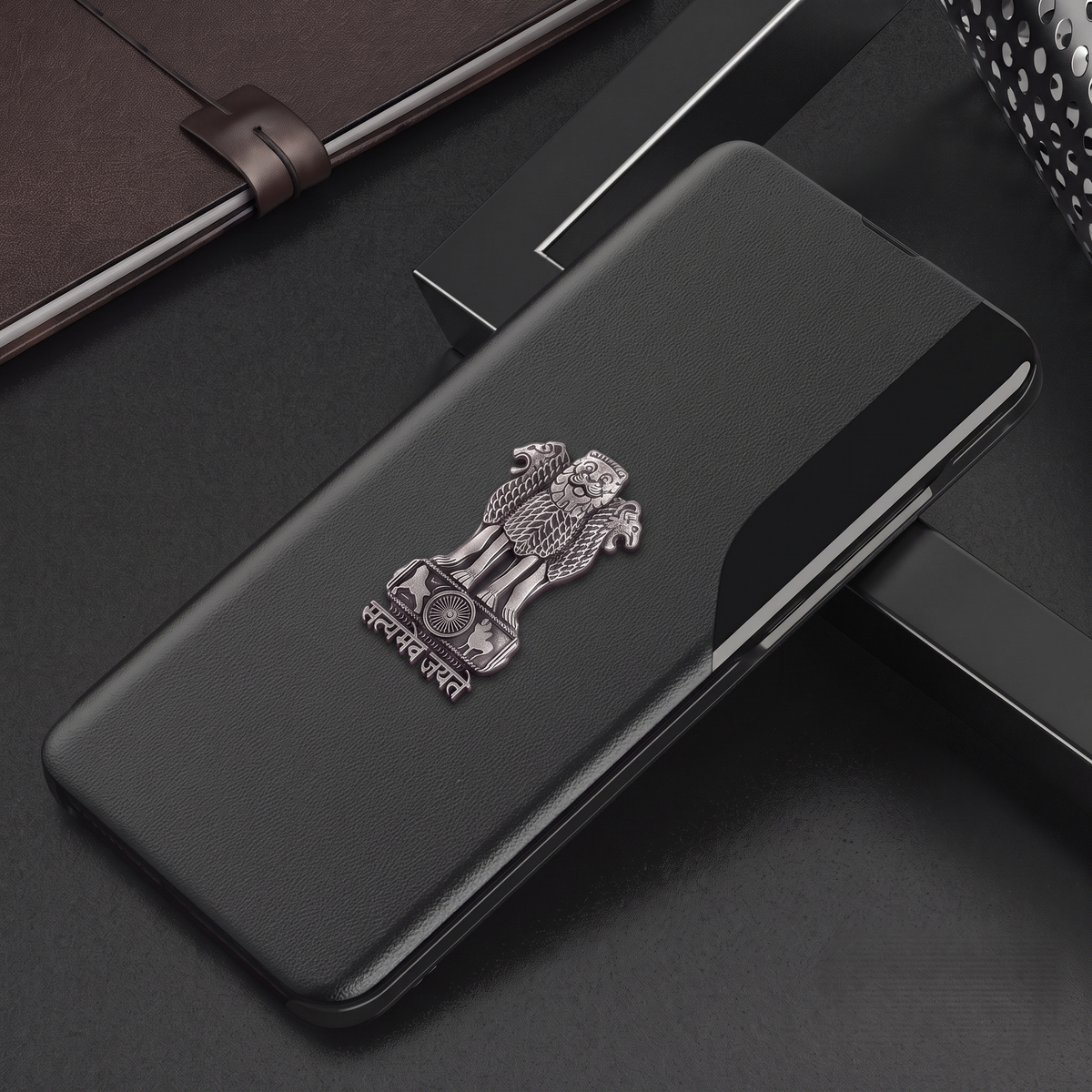 Vivo Y200 Pro 5G Metal Emblem Satyamev Jayate Half Window Leather Flip Case