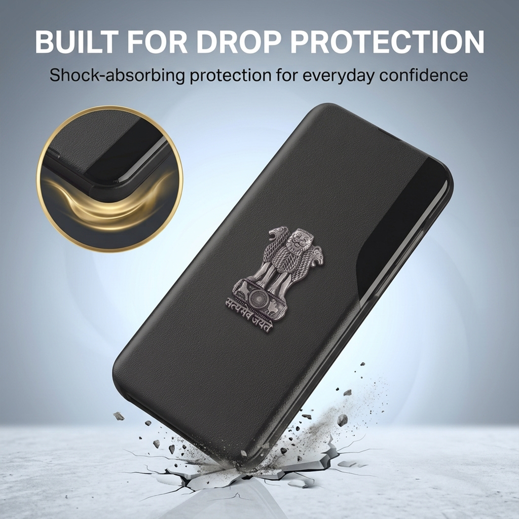 Vivo Y28 5G Metal Emblem Satyamev Jayate Half Window Leather Flip Case