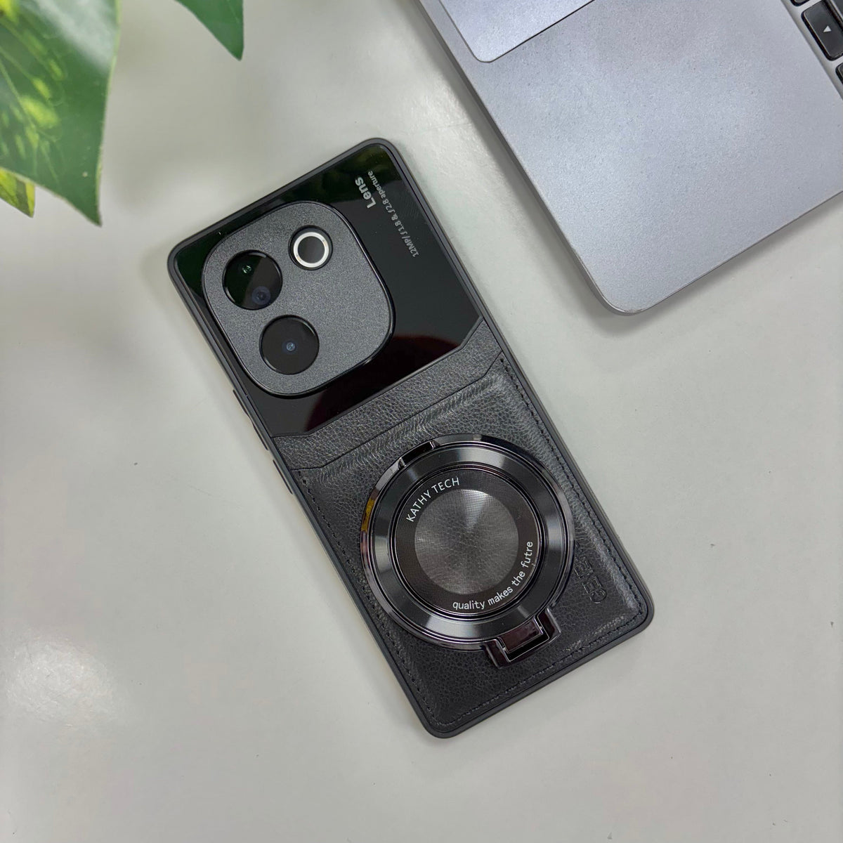Vivo T3 Pro 5G Original Luxury Leather Lens Magnifier Ring Stand Case