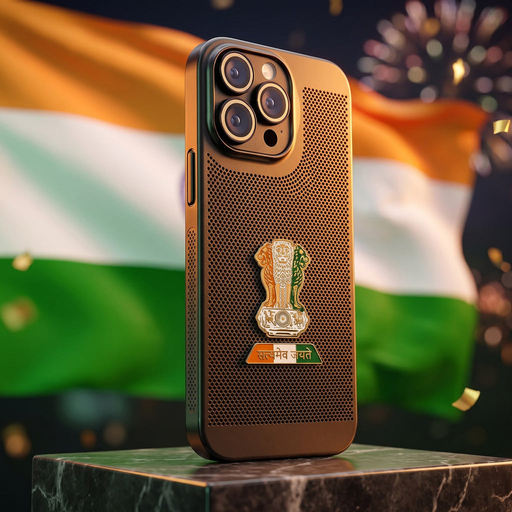 iPhone 16 Pro Max 5G Tri-Color Satyamev Jayate Mesh Electroplated Heat Dissipation Case