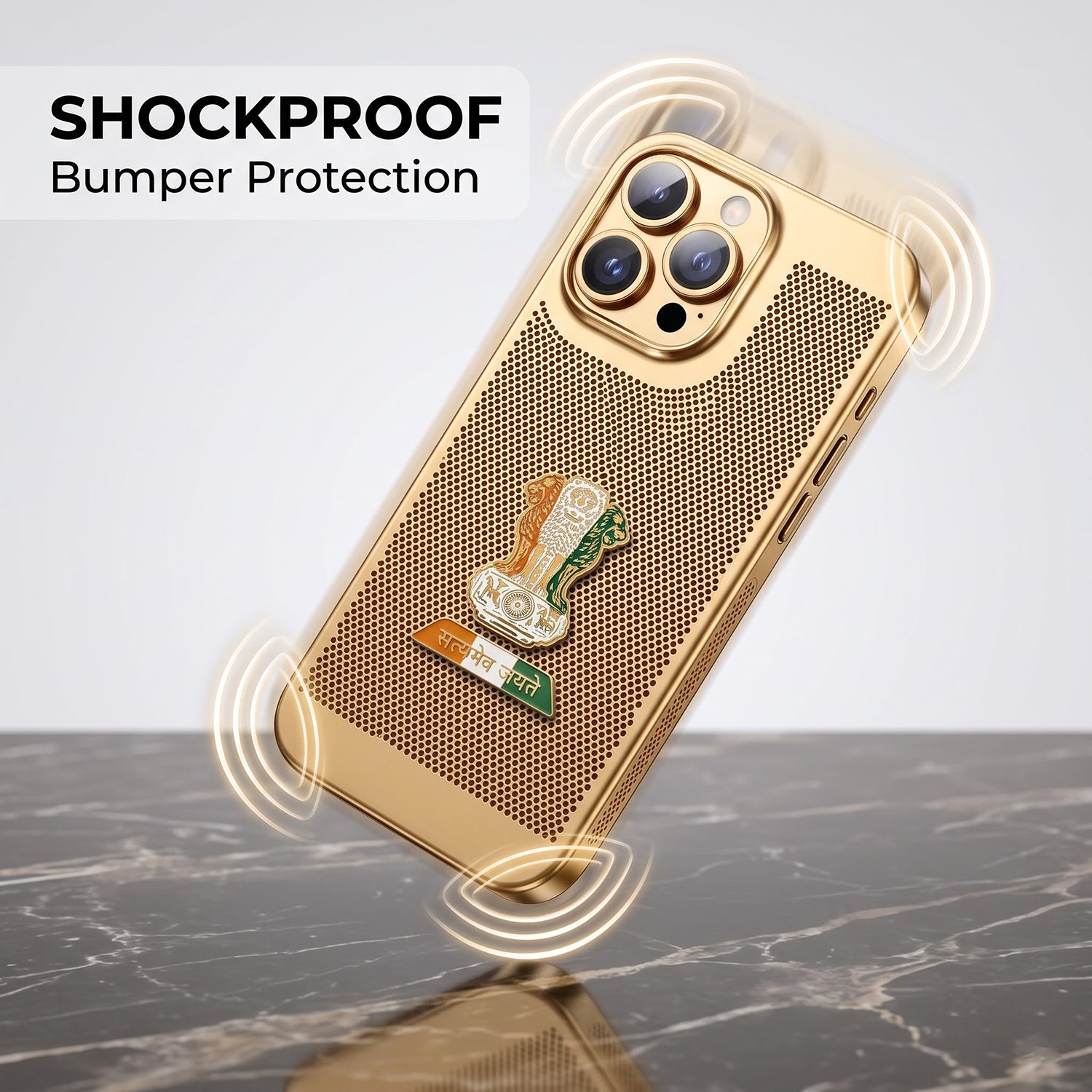 iPhone 15 Pro Max 5G Tri-Color Satyamev Jayate Mesh Electroplated Heat Dissipation Case