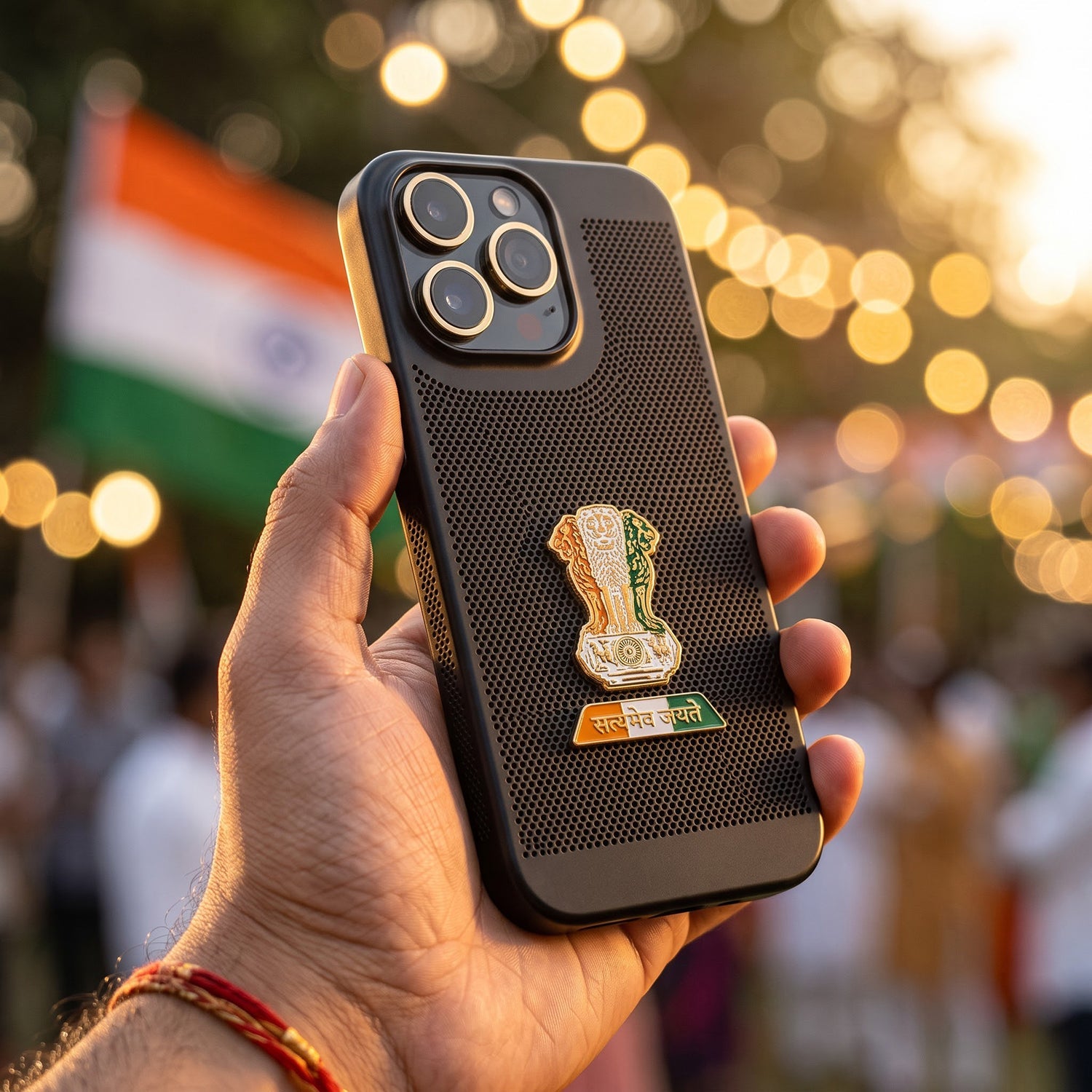 iPhone 16 Pro Max 5G Tri-Color Satyamev Jayate Mesh Electroplated Heat Dissipation Case