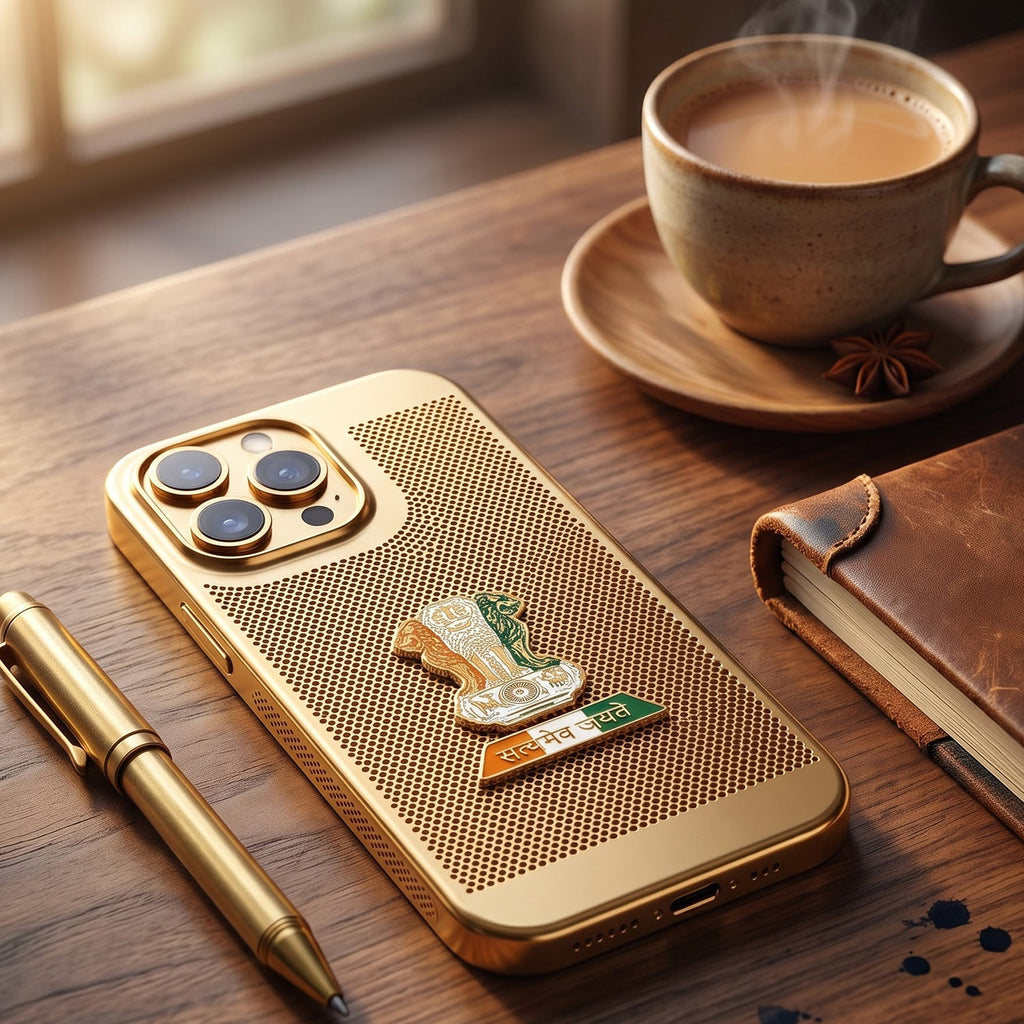 iPhone 15 Pro Max 5G Tri-Color Satyamev Jayate Mesh Electroplated Heat Dissipation Case