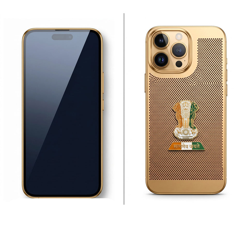 iPhone 16 Pro Max 5G Tri-Color Satyamev Jayate Mesh Electroplated Heat Dissipation Case