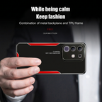 Premium black-red shockproof phone case with metal back and camera protection.