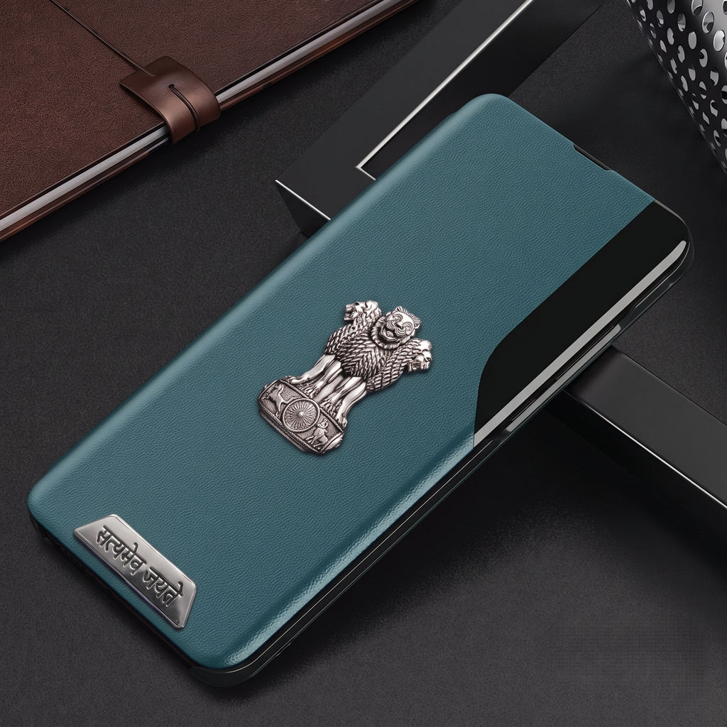 Vivo Y200e 5G Metal Satyamev Jayate 2-in-1 Emblem Half-Window Leather Flip Case