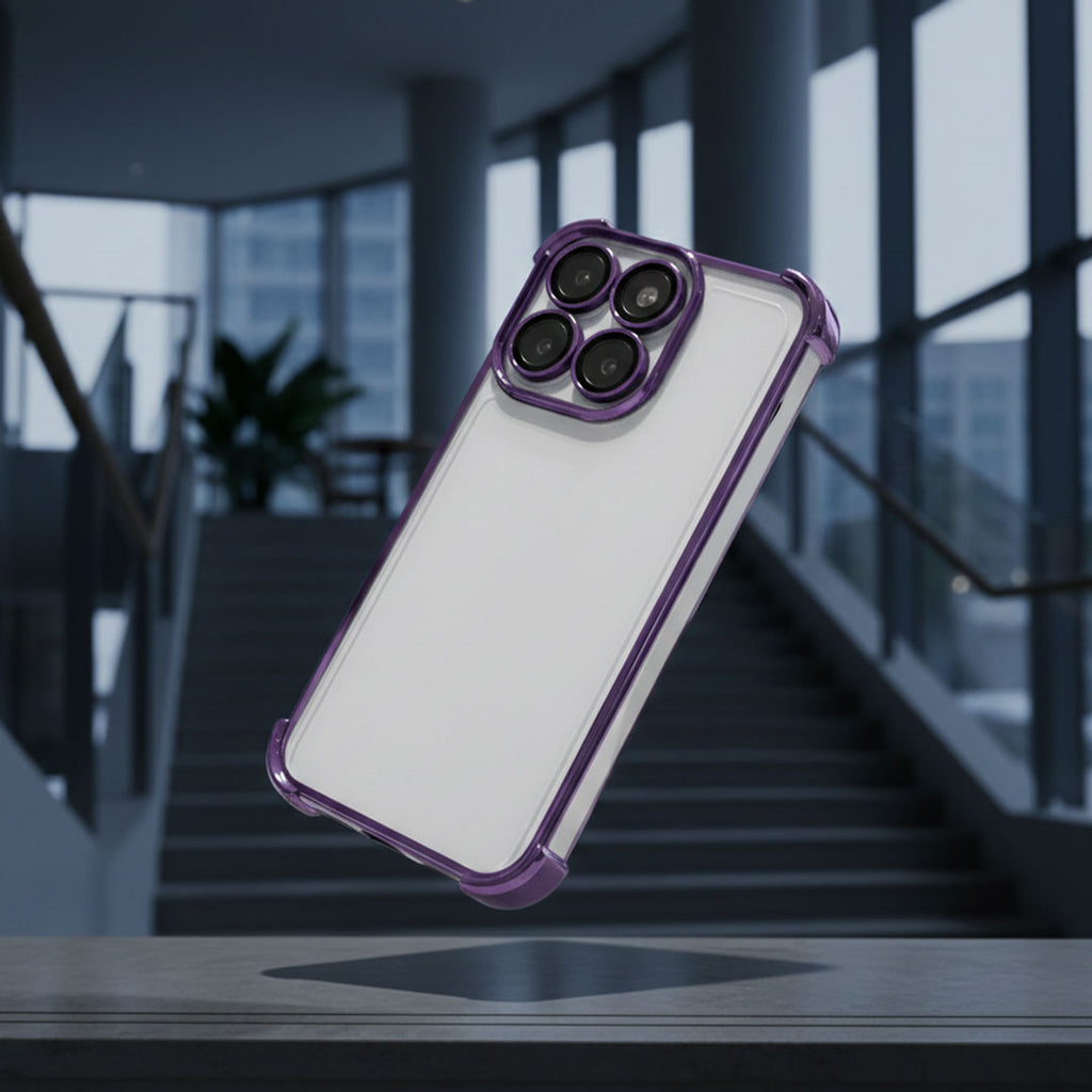 Motorola Edge 60 Pro 5G Phone case with purple border on a blurred indoor background