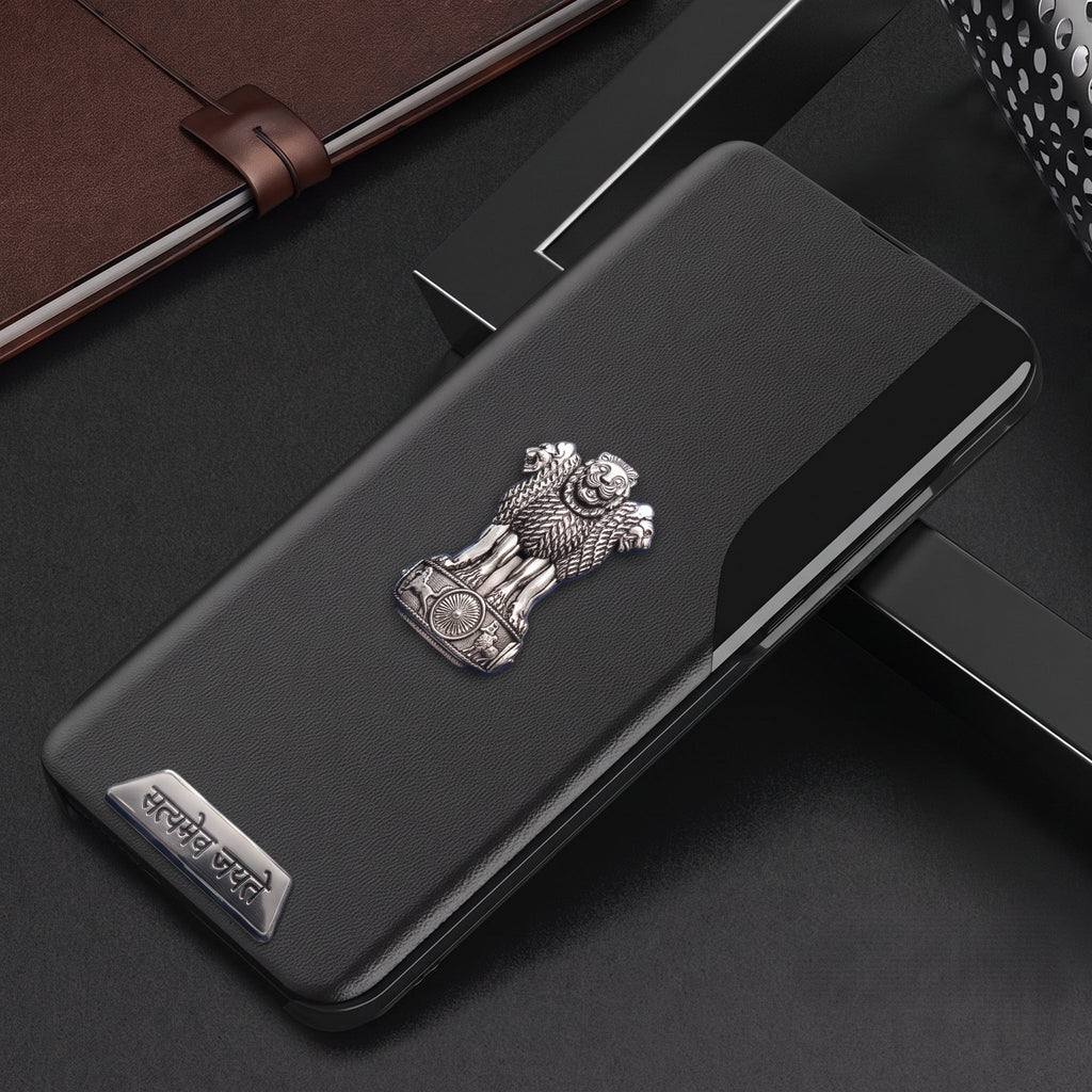Vivo T3 Pro 5G Metal Satyamev Jayate 2-in-1 Emblem Half-Window Leather Flip Case